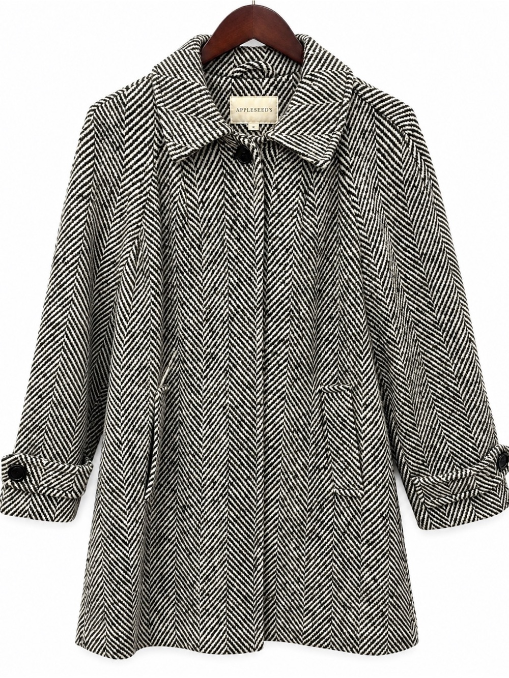 Appleseed’s 42% Wool Herringbone Swing Coat Black & White Hidden Buttons Size MP